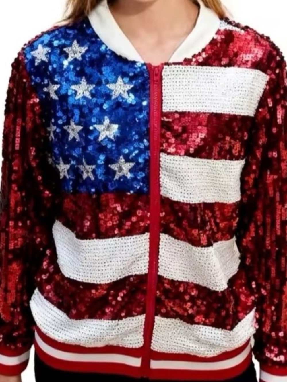 Sequined American Flag Bomber Jacket - Red, White & Blue - Picture 4 of 6